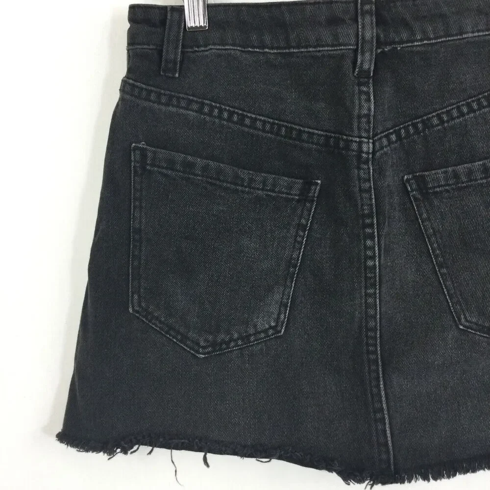 Free People Zip It Up Full Front Zipper Distressed Mini Denim Skirt Black Sz 26
